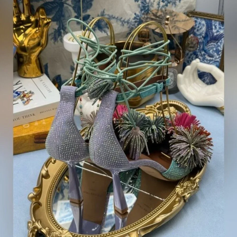🆕 KURT GEIGER LONDON 🧿 NWOB Lilac & Teal Pom Pom Tie Ankle Heel, Sz 36 US 6 - Picture 8 of 15